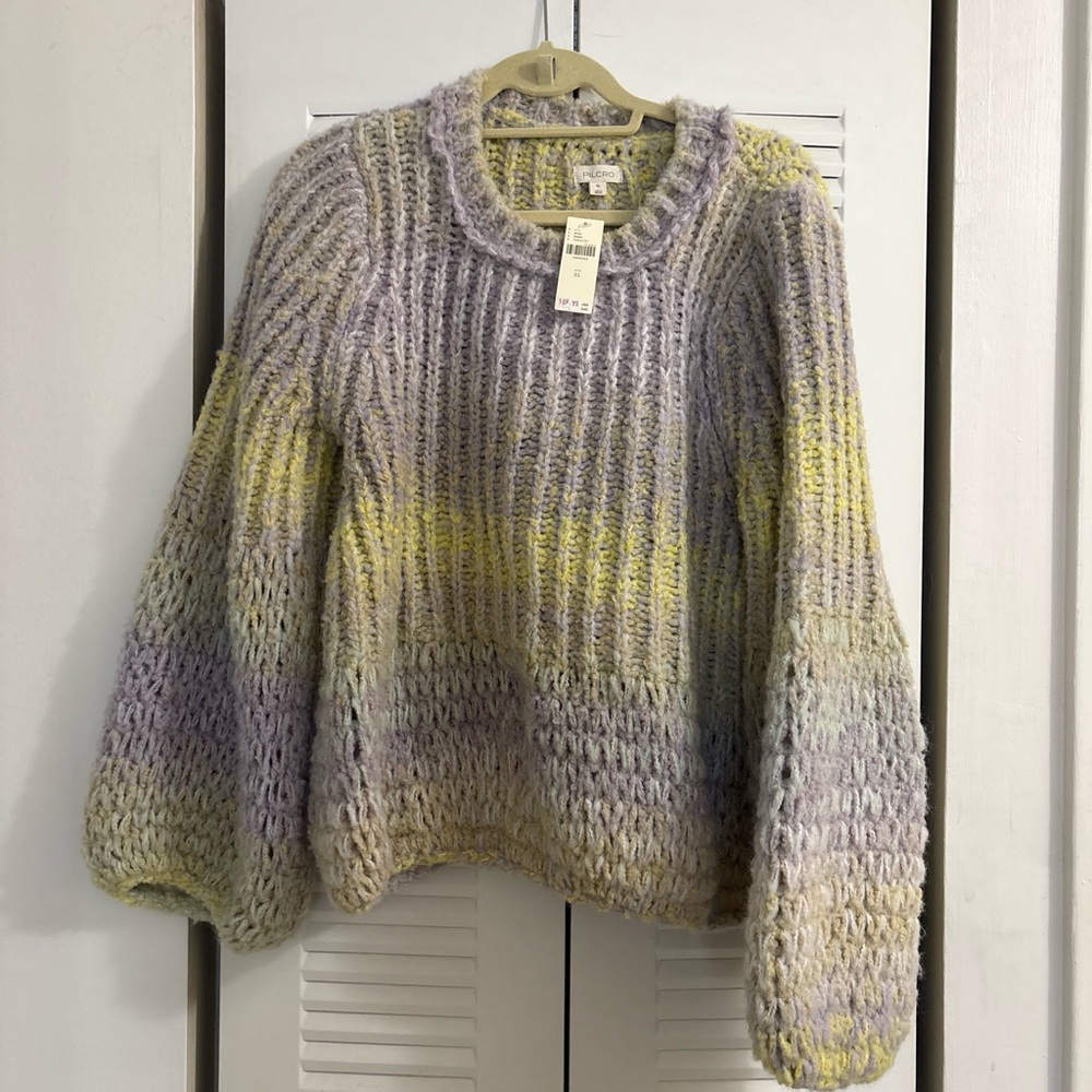 Woven Ombre Balloon-Sleeve Sweater - Pastel Yellow & Lavender